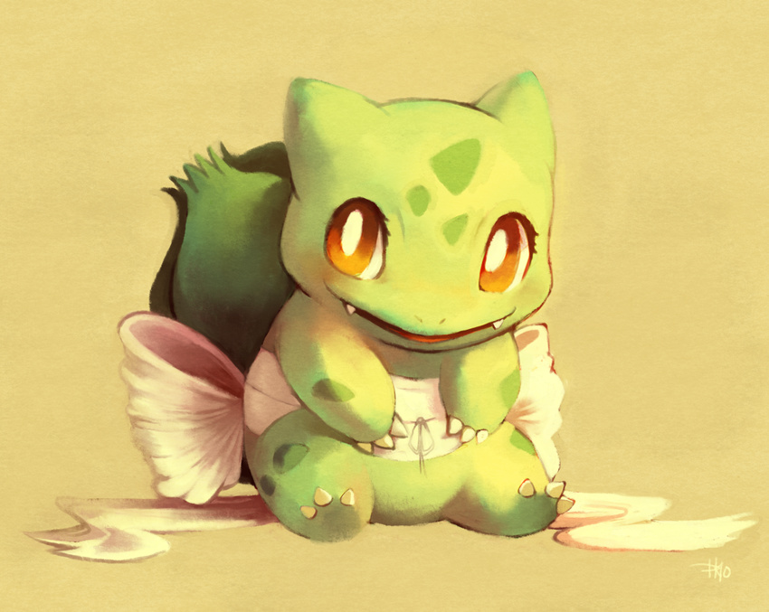 bulbasaur clothed_pokemon fangs faux_traditional_media full_body gen_1_pokemon glitchedpuppet no_humans obi orange_eyes pokemon pokemon_(creature) ribbon sash shiny_pokemon simple_background solo