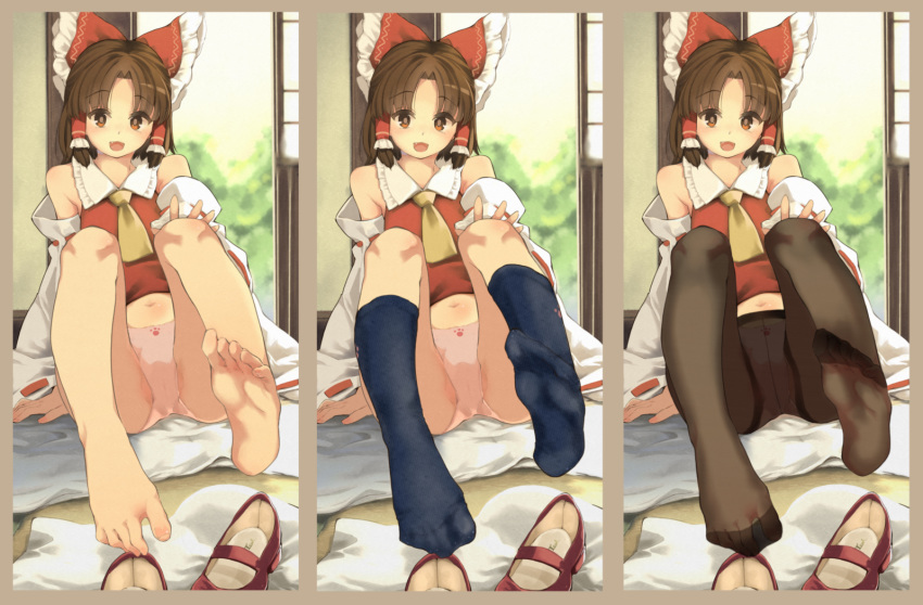 1girl barefoot benikurage bow brown_eyes brown_hair cookie_(touhou) eyebrows_visible_through_hair feet hair_bow hair_tubes hakurei_reimu highres meji_aniki no_shoes open_mouth pantyhose red_bow ribbon shoes_removed short_hair smile socks soles touhou