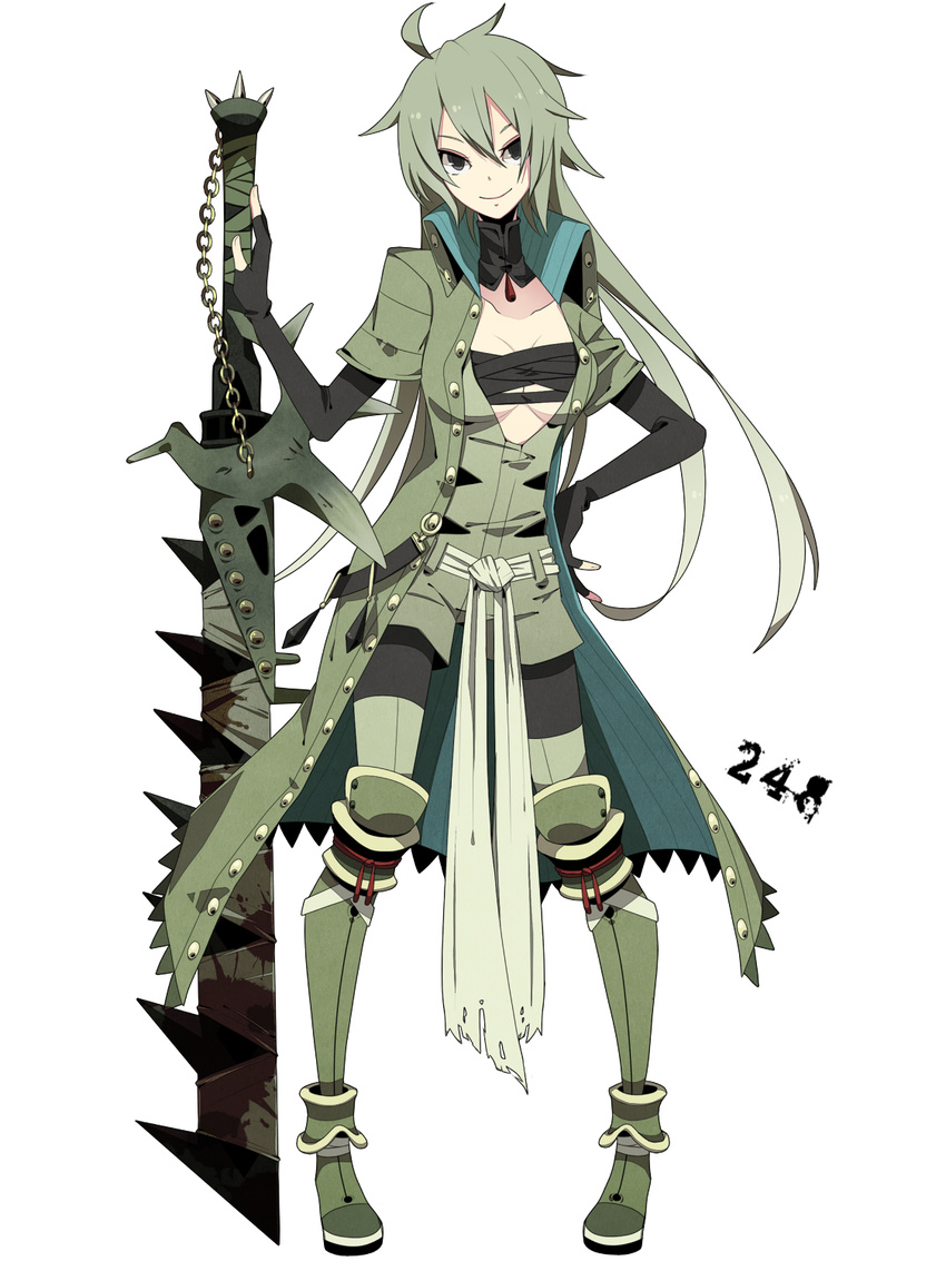 ahoge armor armored_boots bandages black_eyes boots chain closed_mouth fingerless_gloves full_body gen_2_pokemon gloves green_hair hand_on_hip highres long_hair merlusa personification pigeon-toed pokemon sash simple_background smile smirk solo standing thigh_boots thighhighs torn_clothes tyranitar weapon white_background