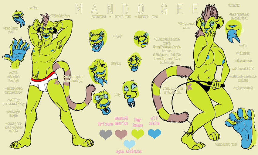 breasts chizbizz chubby dumbo_rat fangs female gauged_ears green looking_at_viewer makeup male mando_gee model_sheet mohawk muscles nipples panties paws piercing pudgy stripes topless underwear whip