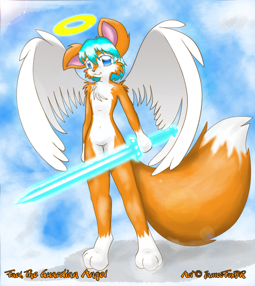 angel background blue_eyes canine chest_tuft fael_(character) fox hair halo jamesfoxbr looking_at_viewer nude orange short_hair sky solo standing sword tail warrior weapon wings