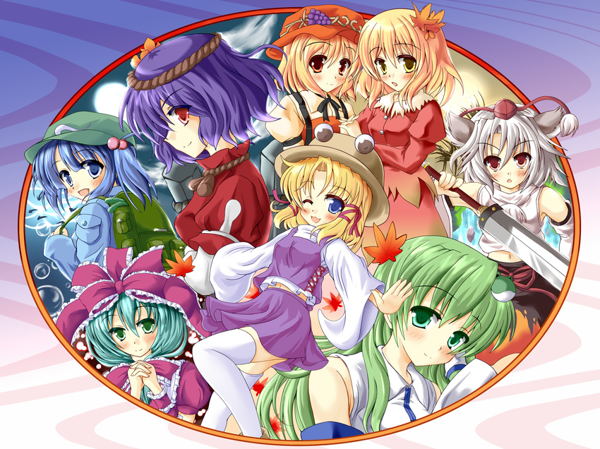 aki_minoriko aki_shizuha animal_ears blonde_hair blue_eyes blue_hair blush bow food frog fruit grapes green_eyes green_hair hair_bobbles hair_bow hair_ornament hair_ribbon hat highres hiiragi_tomoka inubashiri_momiji kagiyama_hina kawashiro_nitori kochiya_sanae leaf leaf_hair_ornament long_hair moriya_suwako mountain_of_faith multiple_girls navel one_eye_closed purple_hair red_eyes ribbon short_hair silver_hair sword thighhighs touhou two_side_up weapon wolf_ears yasaka_kanako yellow_eyes