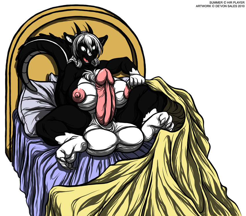 anthro balls bed big_balls big_breasts black black_fur breasts chest_tuft claws deonwolf dragon erection fur green_eyes hair herm horn horns huge_breasts hyper hyper_balls hyper_breasts hyper_penis intersex long_hair morning_wood nipples nude open_mouth penis plain_background solo tail transformation tuft white white_background white_fur white_hair