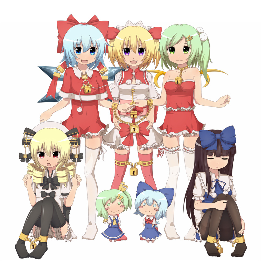 ankle_cuffs bad_id bad_pixiv_id black_legwear blonde_hair chain character_doll cirno cuffs daiyousei doll fang feet garter_straps highres key kinakomoti lock luna_child multiple_girls pantyhose red_legwear star_sapphire sunny_milk thighhighs touhou white_legwear wings yousei_daisensou