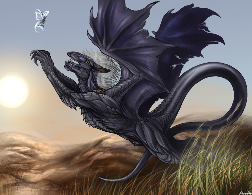black black_scales butterfly claws dragon eye_contact feral grass green_eyes grey_hair hair insect looking_at_each_other male mountain open_mouth rukis scar sheath solo sun tail tongue wings