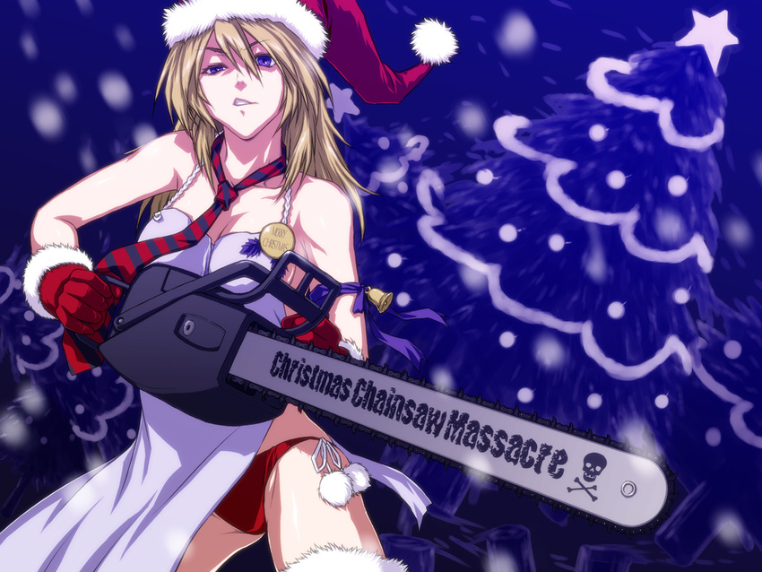 apron blonde_hair chainsaw christmas christmas_tree dress gloves hat iga_tomoteru necktie original panties purple_eyes red_gloves santa_hat solo striped tree underwear