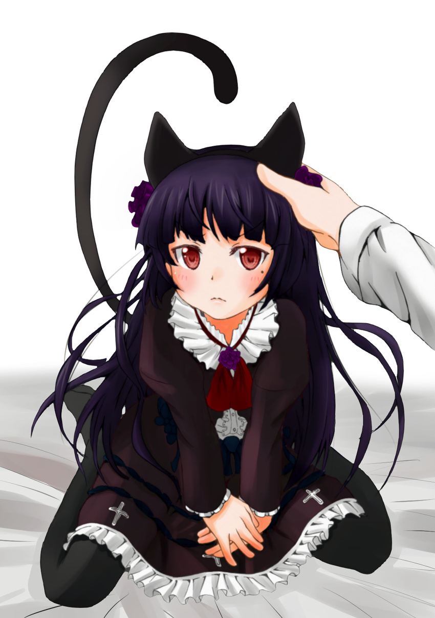 animal_ears black_hair cat_ears colorized fuusin gokou_ruri gothic_lolita highres lolita_fashion long_hair mole mole_under_eye ore_no_imouto_ga_konna_ni_kawaii_wake_ga_nai pantyhose pucchomokkyuri123 red_eyes solo tail