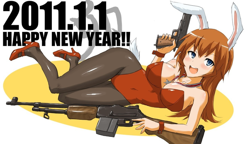 2011 animal_ears bad_id bad_pixiv_id blue_eyes breasts brown_hair bunny_ears bunnysuit charlotte_e_yeager dakku_(ogitsune) gun handgun large_breasts long_hair lying m1911 m1918_bar machine_gun medal new_year on_side pantyhose pistol rifle solo strike_witches trigger_discipline weapon world_witches_series