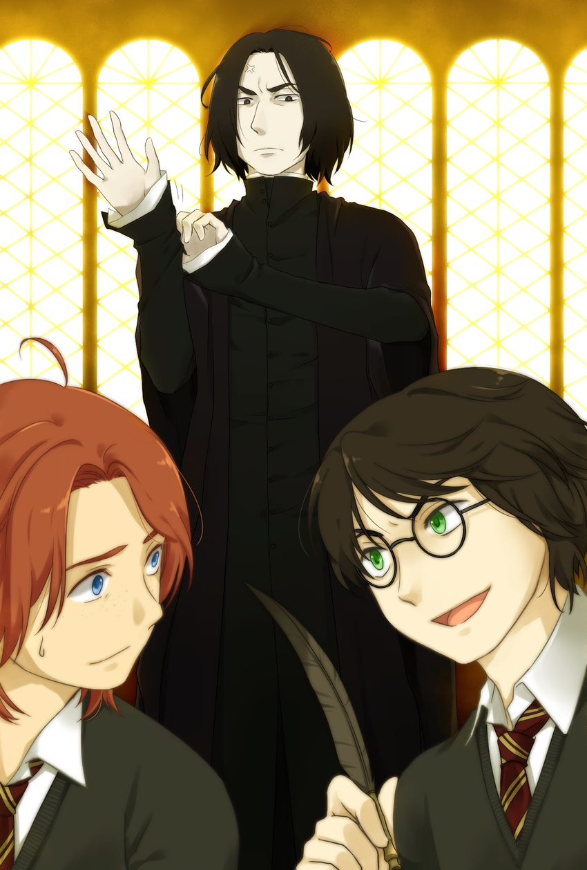 anger_vein angry bad_id bad_pixiv_id black_eyes black_hair glasses green_eyes harry_james_potter harry_potter highres multiple_boys okitsune_(okitsune-sama) red_hair ron_weasley severus_snape