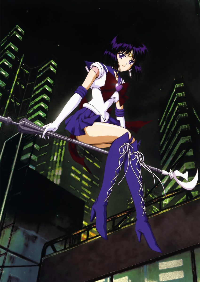 absurdres back_bow bishoujo_senshi_sailor_moon black_hair boots bow broom broom_riding brown_bow choker city cross-laced_footwear earrings elbow_gloves gloves heart high_heels highres hino_ryutaro holding holding_spear holding_weapon jewelry knee_boots lace-up_boots magical_girl night pleated_skirt polearm purple_eyes purple_footwear purple_sailor_collar purple_skirt ribbon sailor_collar sailor_saturn sailor_senshi_uniform short_hair sidesaddle silence_glaive sitting skirt smile solo spear star star_choker super_sailor_saturn tiara tomoe_hotaru weapon white_gloves