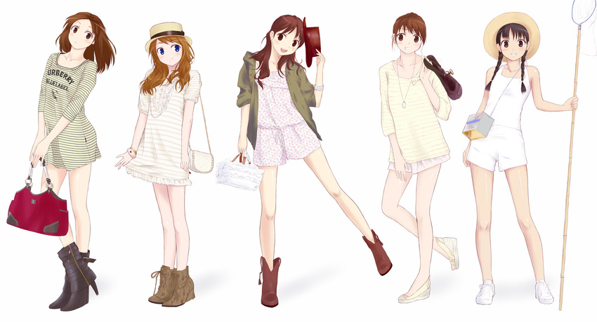 bag blue_eyes boots brown_eyes brown_hair fashion hand_net handbag hat highres jewelry kusaka_maichi long_hair multiple_girls necklace no_socks original short_hair sleeves_pushed_up