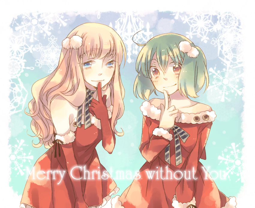 bad_id bad_pixiv_id bare_shoulders blonde_hair blue_eyes bow christmas elbow_gloves finger_to_mouth gloves green_hair hair_ornament kina_(milele) long_hair macross macross_frontier multiple_girls ranka_lee red_eyes red_gloves santa_costume sheryl_nome short_hair smile