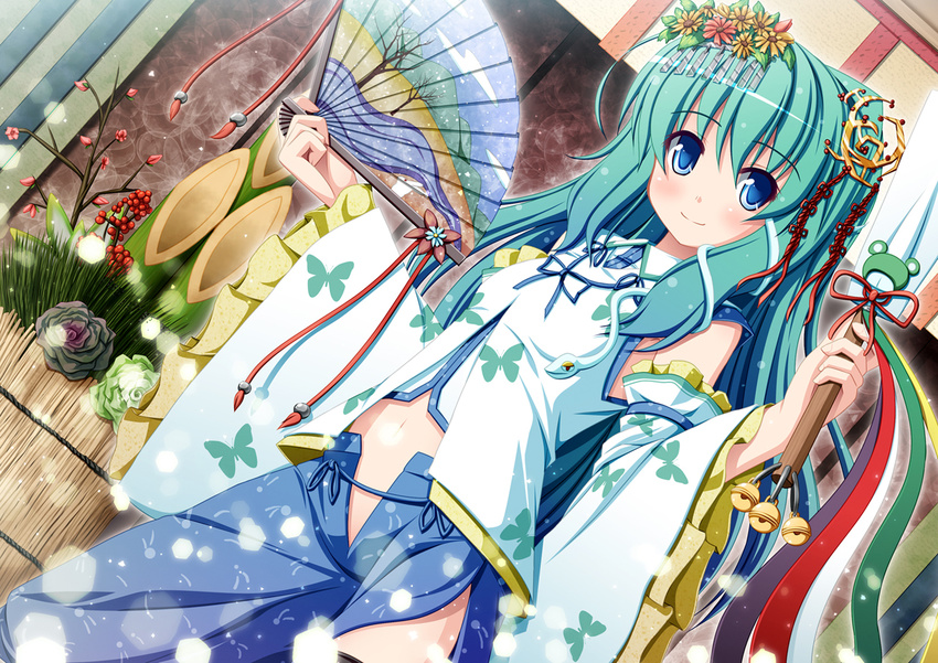 akashio_(loli_ace) green_eyes green_hair japanese_clothes kimono kochiya_sanae long_hair solo touhou