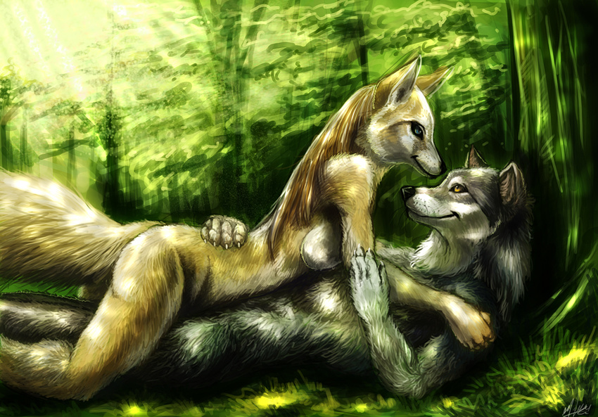 blue_eyes breasts canine cuddle darksilver female fennec feranya forest fox intimate looking_at_each_other love male nude romantic side_boob snuggle straight tail tree wolf yellow_eyes