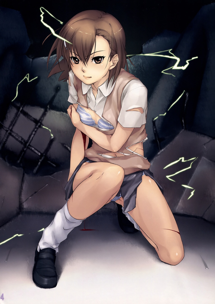 biribiri blood bra brown_eyes brown_hair electricity highres injury kneeling lingerie loose_socks misaka_mikoto panties pua scan short_hair skirt socks solo striped striped_bra striped_panties to_aru_kagaku_no_railgun to_aru_majutsu_no_index torn_clothes underwear