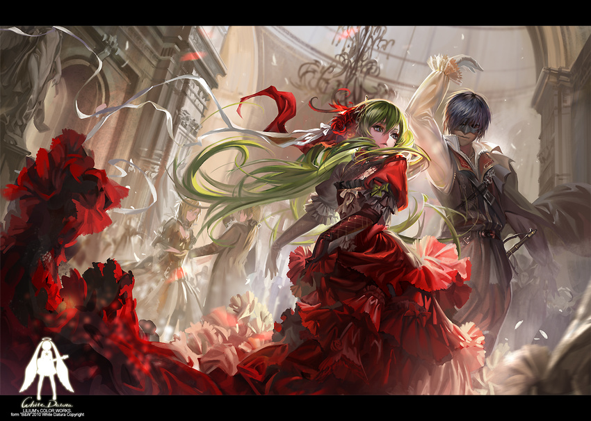 2girls alphonse_(white_datura) assassin's_creed_(series) assassin's_creed_ii blonde_hair blue_eyes blue_hair breasts cantarella_(vocaloid) cosplay dancing dress ezio_auditore_da_firenze ezio_auditore_da_firenze_(cosplay) formal frills green_eyes green_hair hatsune_miku kagamine_len kagamine_rin kaito letterboxed long_hair mask multiple_boys multiple_girls ponytail short_hair small_breasts smile twintails vocaloid