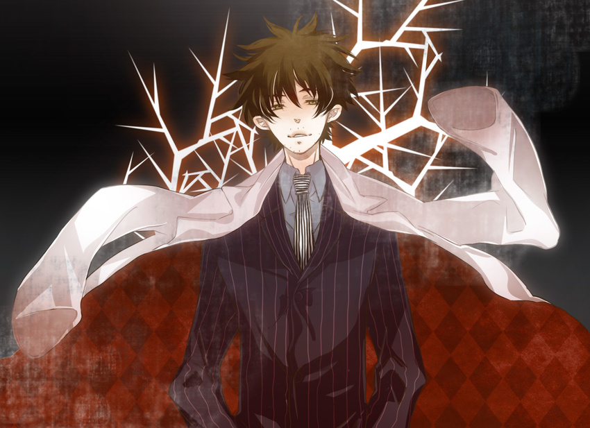 bad_id bad_pixiv_id bare_tree blazer brown_hair formal haru_(toudai) jacket jacket_on_shoulders male_focus ozaki_toshio shiki solo tree yellow_eyes