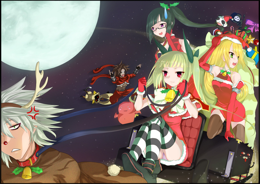 4girls arakune bad_id bad_pixiv_id bell bell_collar blazblue christmas collar gift gii glasses hat lao_jiu litchi_faye_ling minatsuki_randoseru moon multiple_boys multiple_girls nago night noel_vermillion rachel_alucard ragna_the_bloodedge ribbon santa_hat shishigami_bang sled star taokaka thighhighs