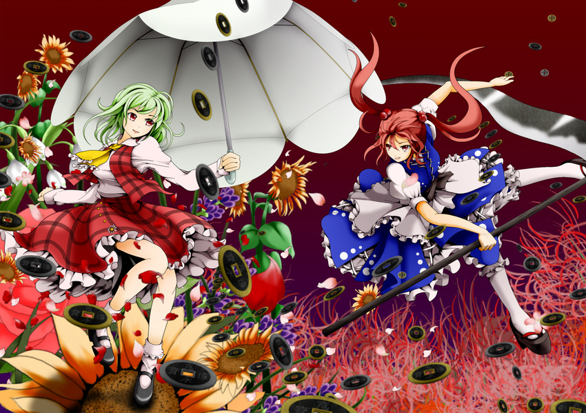 ascot battle bobby_socks brown_background coin duel flower green_hair hair_bobbles hair_ornament highres kazami_yuuka lily_of_the_valley multiple_girls onozuka_komachi parasol petals plaid plaid_skirt plaid_vest red_eyes red_hair scythe sentaku_(flashmechanism) short_hair skirt skirt_set socks spider_lily sunflower touhou two_side_up umbrella vest