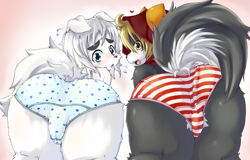 &hearts; all_fours bent_over black blonde_hair blue_eyes blush butt camel_toe canine couple dog eyebrows female grey_hair hair hood looking_at_viewer looking_back open_mouth panties presenting stone_(artist) tail tears underwear white yellow_eyes
