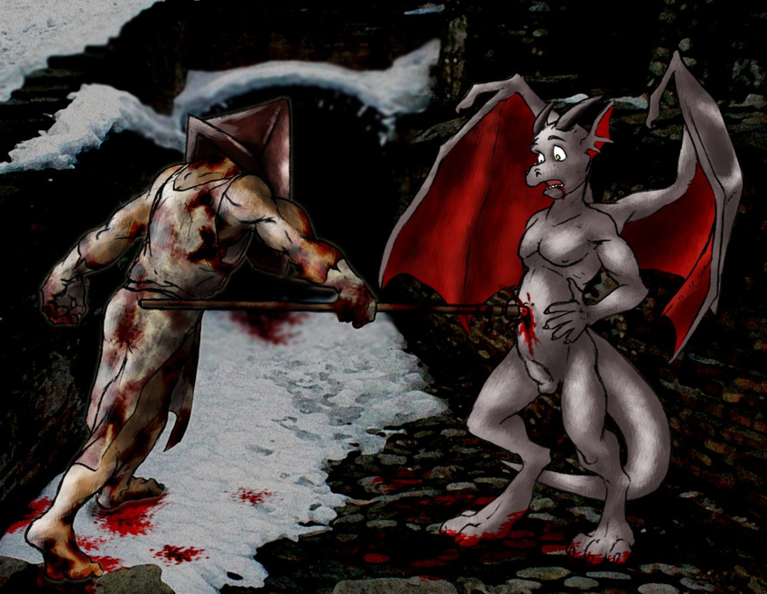 blood dragon gore guro male navel_stabbing nude owned pyramid_head ryll segremores silent_hill silent_hill_2 video_games wings