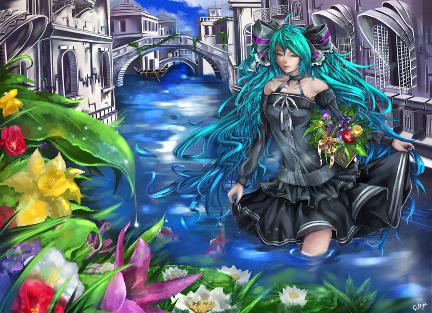 aqua_hair boat bridge closed_eyes fish flower hatsune_miku highres leaf light_smile long_hair plant skirt skirt_hold solo sukya twintails vocaloid wading water watercraft