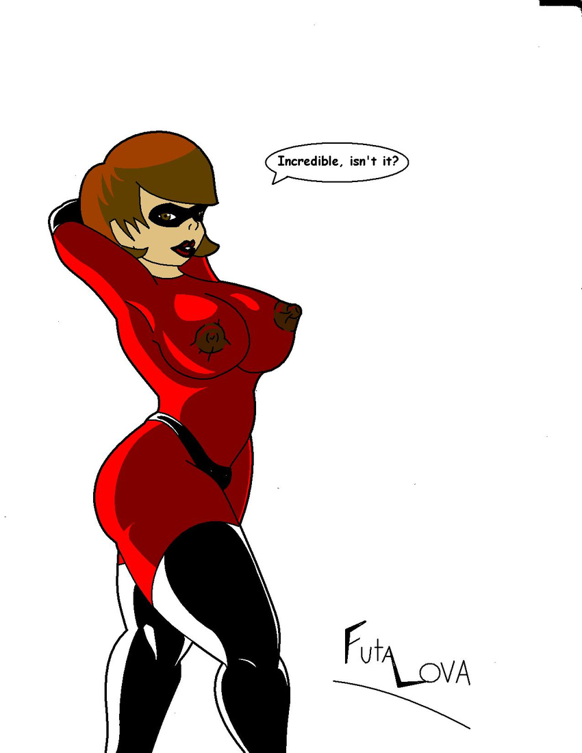 bent_arm bent_arms big_breasts big_nipples boots breasts brown_eyes brown_hair captions dialog disney elastigirl english_text erect_nipples female futalova gloves hair jumpsuit large_nipples looking_at_viewer mask nipples not_furry plain_background red rubber solo spandex text the_incredibles thigh_boots thigh_high_boots white_background