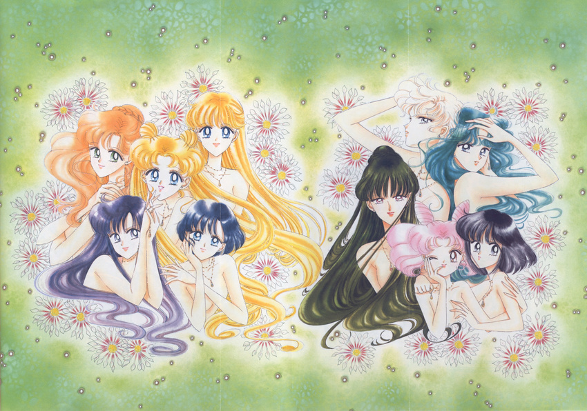 absurdres aino_minako bishoujo_senshi_sailor_moon everyone flower highres hino_rei kaiou_michiru kino_makoto meiou_setsuna mizuno_ami nude official_art takeuchi_naoko ten'ou_haruka tenou_haruka tomoe_hotaru tsukino_usagi