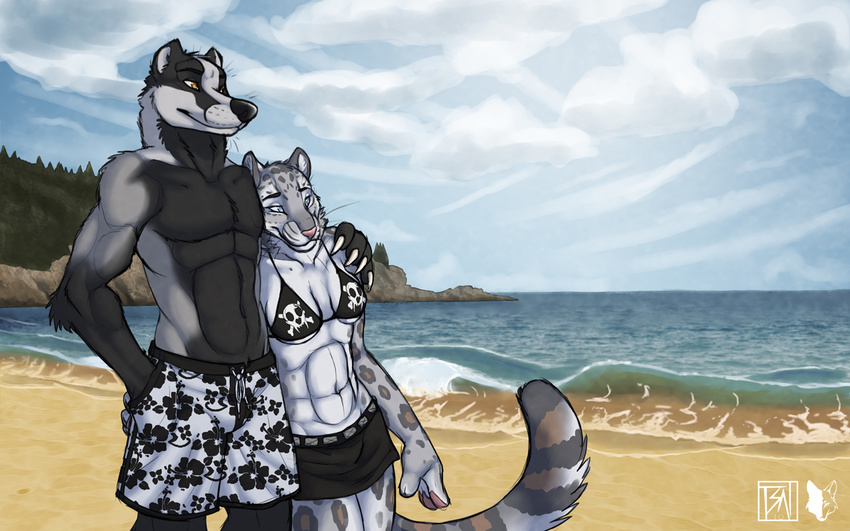 anthro badger beach biceps big_muscles bikini blue_eyes clothed clothing duo feline female fur leopard male mammal muscles muscular_female mustelid orange_eyes pecs seaside shorts skimpy skull_and_crossbones sky snow_leopard swimsuit tight_clothing toned topless tsaiwolf water yellow_eyes