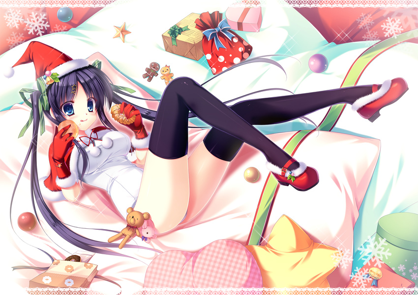 :q bad_id bad_pixiv_id ball bell black_hair black_legwear blue_eyes box bunny capelet christmas doughnut food futaori_arisa gift gift_bag gift_box gingerbread_man gloves green_ribbon hair_ornament hair_ribbon hairclip hat heart-shaped_box highres legs_up long_hair looking_at_viewer mary_janes one-piece_swimsuit original plaid plaid_pillow polka_dot_bag red_footwear ribbon santa_costume santa_hat school_swimsuit shoes snowflakes solo star star_hair_ornament star_pillow stuffed_animal stuffed_toy swimsuit teddy_bear thighhighs tongue tongue_out twintails wallpaper white_school_swimsuit white_swimsuit