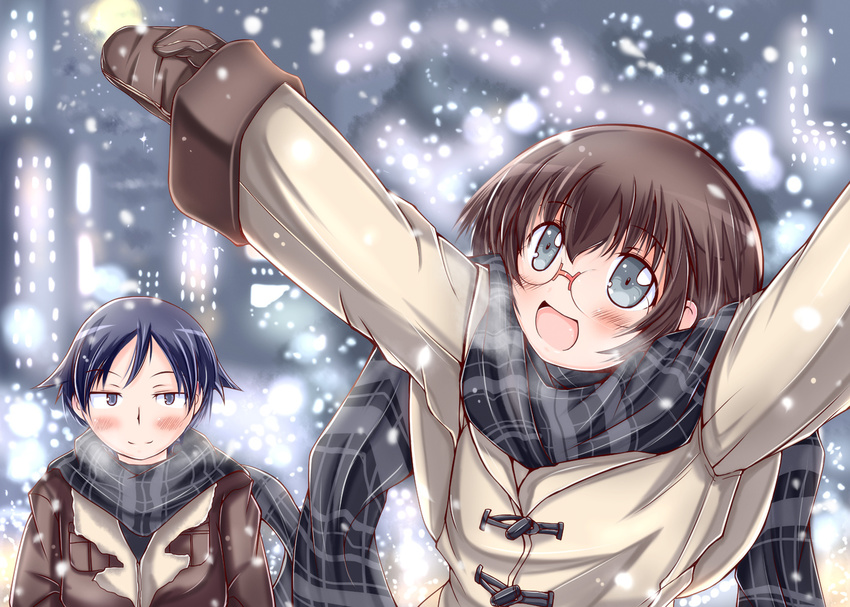 1girl black_hair blush brown_hair glasses green_eyes happy kousaka_kyousuke mad_(hazukiken) open_mouth ore_no_imouto_ga_konna_ni_kawaii_wake_ga_nai plaid plaid_scarf scarf short_hair snow tamura_manami winter_clothes