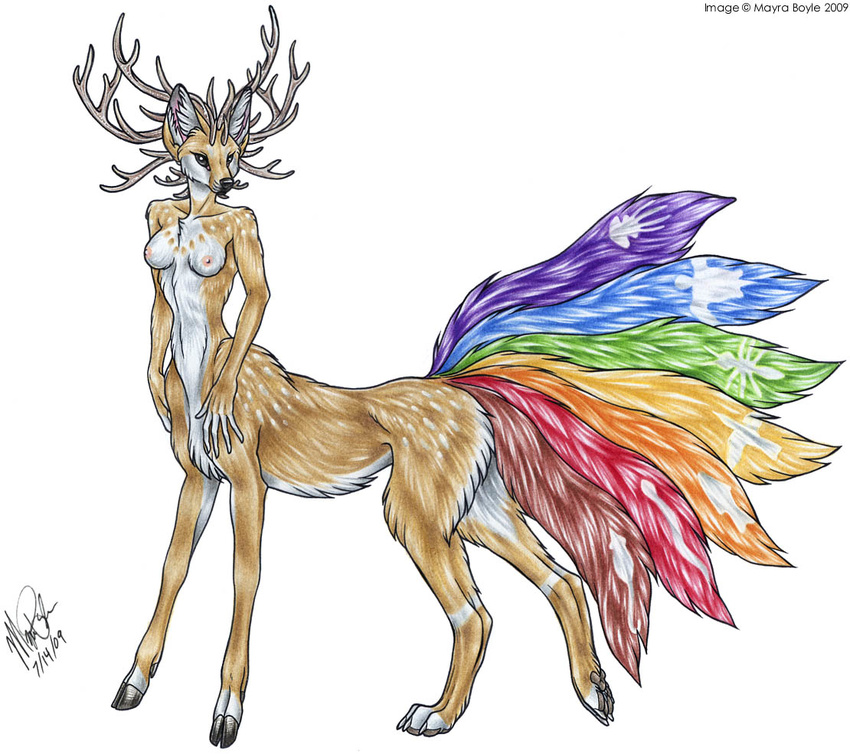 antlers breasts canine cervine deer digitigrade female fennec fox hooves horns mayra_boyle multiple_tails rainbow solo tail taur unguligrade what