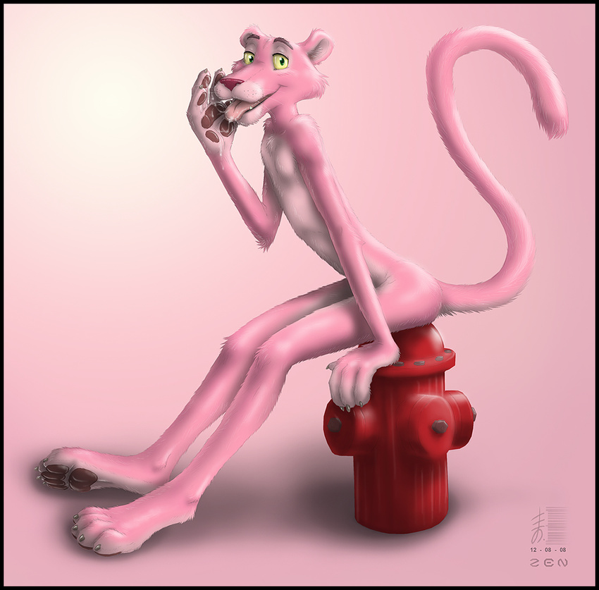 anthro claws cum feline fire_hydrant licking male mammal panther pawpads pink_panther pink_panther_(series) saliva sitting solo tongue yellow_eyes zen