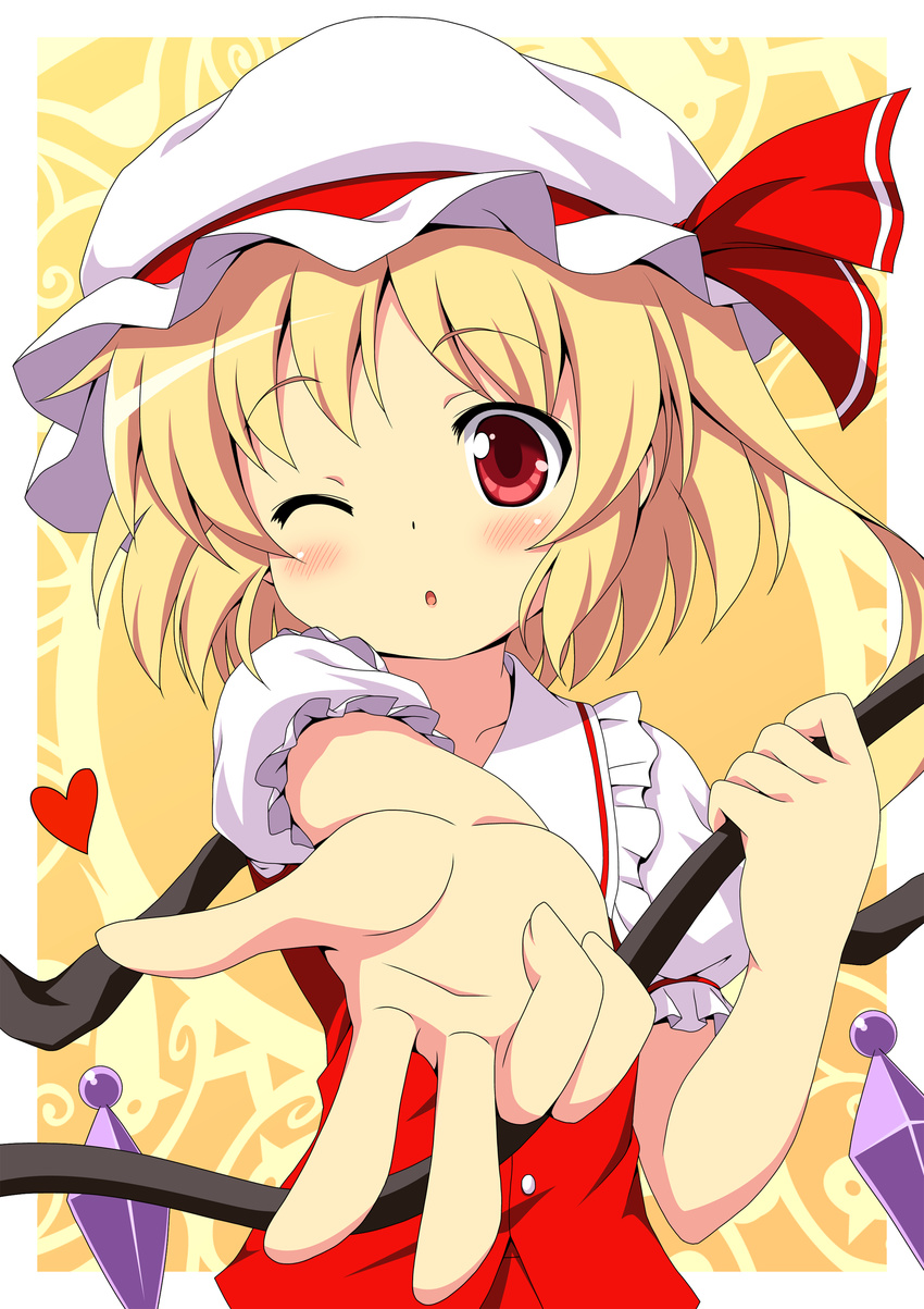 :o absurdres ascot blonde_hair blush child face fingers flandre_scarlet foreshortening hands happy hat heart highres one_eye_closed ponytail red_eyes short_hair side_ponytail solo touhou wings yamasan