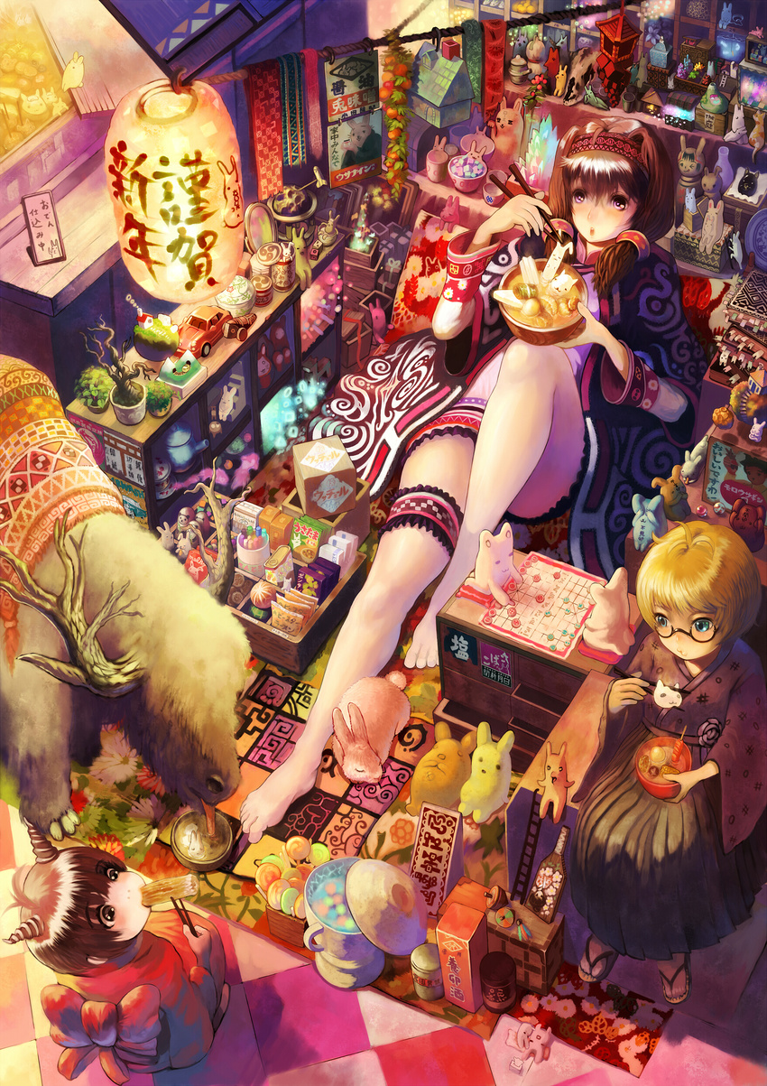 absurdres animal bad_id bad_pixiv_id bangs bare_legs barefoot blue_eyes blunt_bangs bonsai brown_eyes brown_hair bunny candy chikuwa chopsticks colorful convenient_leg eating food from_above full_body glasses hairband hakama highres horns indoors japanese_clothes kanji kimono lampion lantern leg_garter light lollipop lying multiple_girls on_back orange_hair original panda playing_games purple_eyes room sandals short_hair swirl_lollipop xiangqi yoshiku_(oden-usagi)