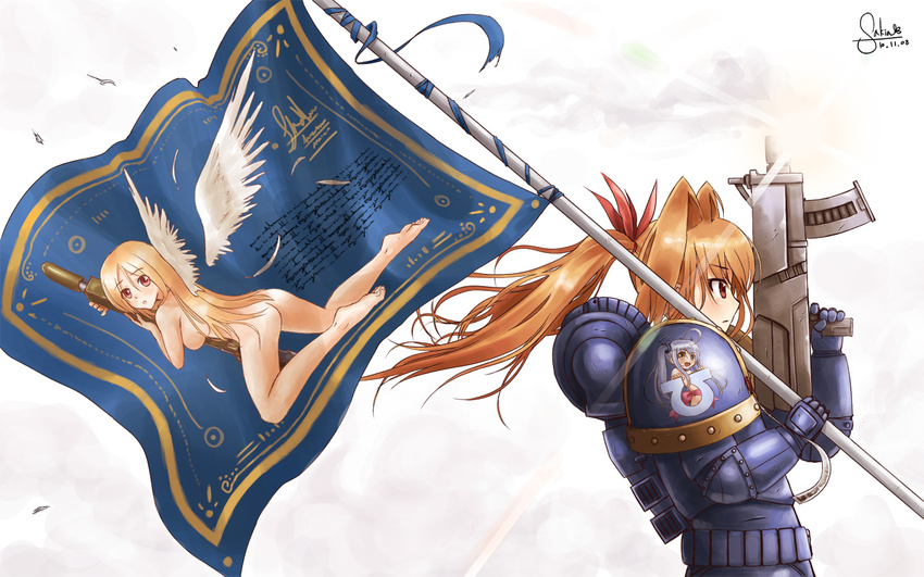 adeptus_astartes armor ass banner barefoot blush bolter flag gun heresy long_hair nude pauldrons ponytail profile purity_seals red_eyes silent_sakia solo ultramarines wallpaper warhammer_40k weapon wings