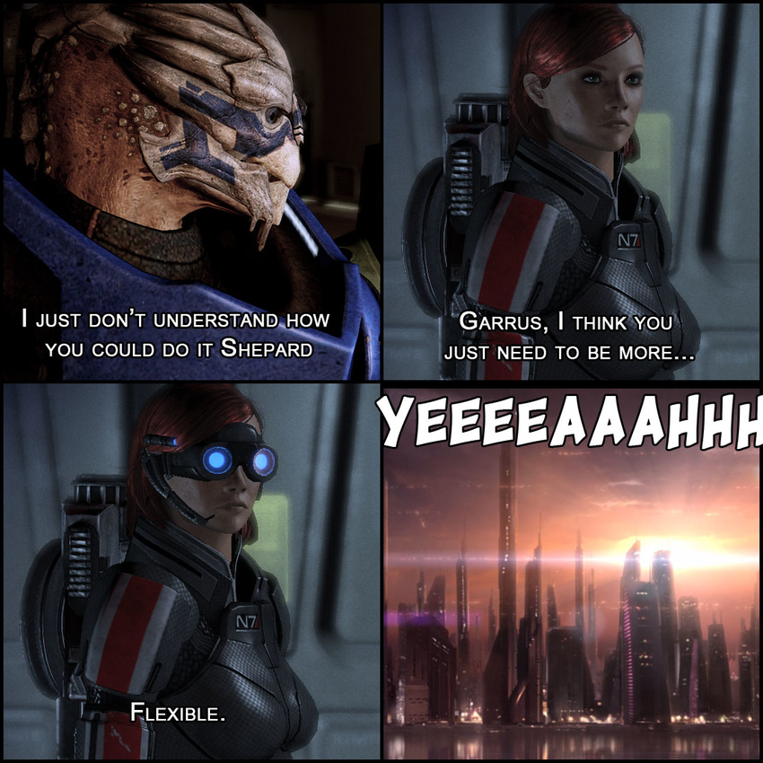 armor comic commander_shepard csi csi:_illium csi:_miami face_markings facial_markings female female_shepard garrus_vakarian human humor male mammal mandibles markings mass_effect not_furry pun reach_and_flexibility skyline turian unknown_artist what