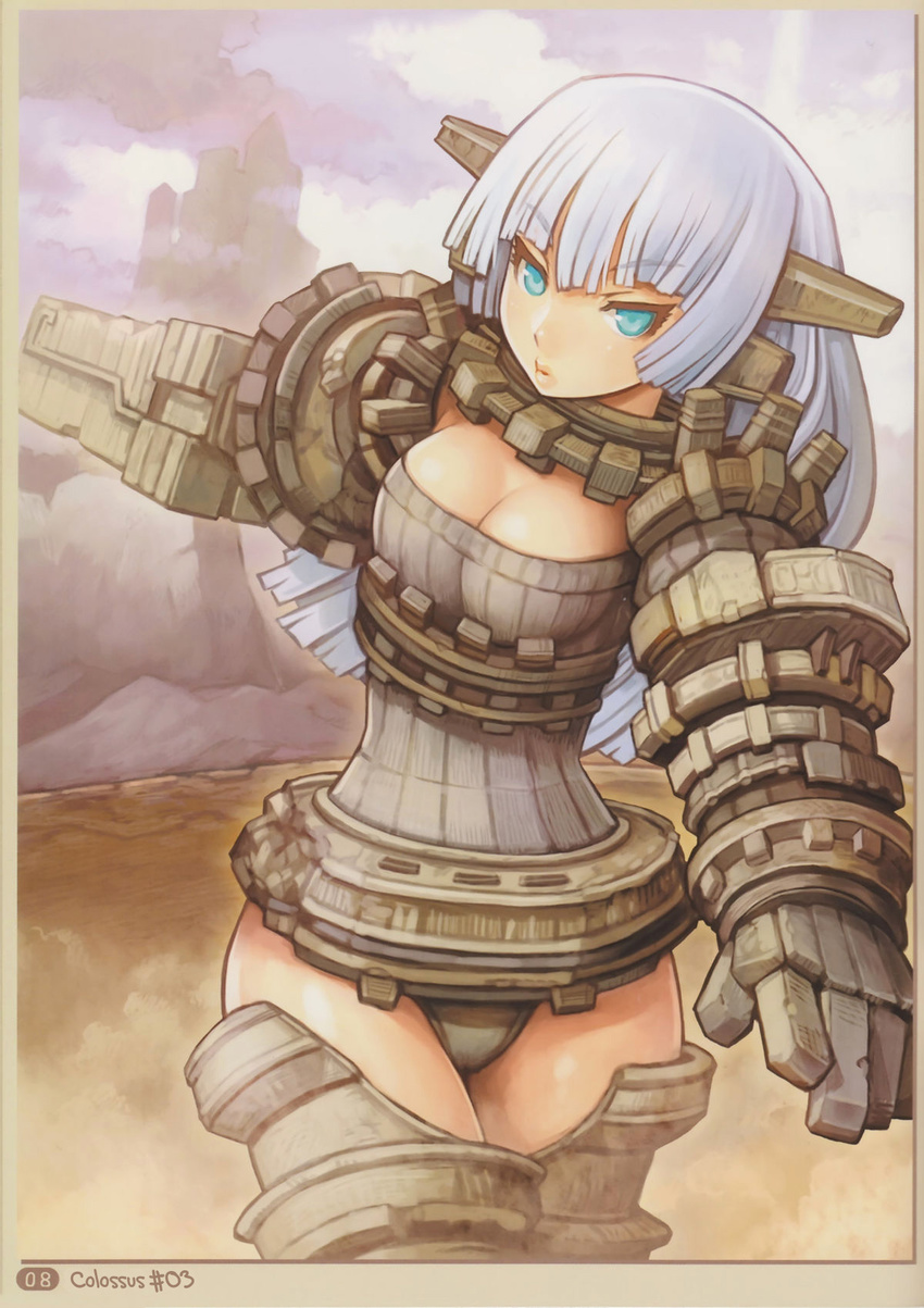 armor blue_eyes breasts colossus corset earth_knight female fish_lips gaius gatten hair kyozou_musume shadow shadow_of_the_colossus solo terrestris_veritas weapon white_hair