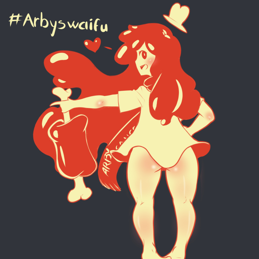2019 arby's barefoot blush bottomless butt cage_(artist) clothed clothing female goo_hair hat hi_res holding_object humanoid looking_back meat meat_on_bone not_furry open_mouth shirt solo
