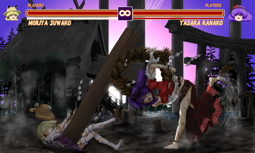 barefoot battle blood duel fake_screenshot gon435 highres moriya_suwako multiple_girls onbashira pain torii torn_clothes touhou violence yasaka_kanako yukkuri_shiteitte_ne