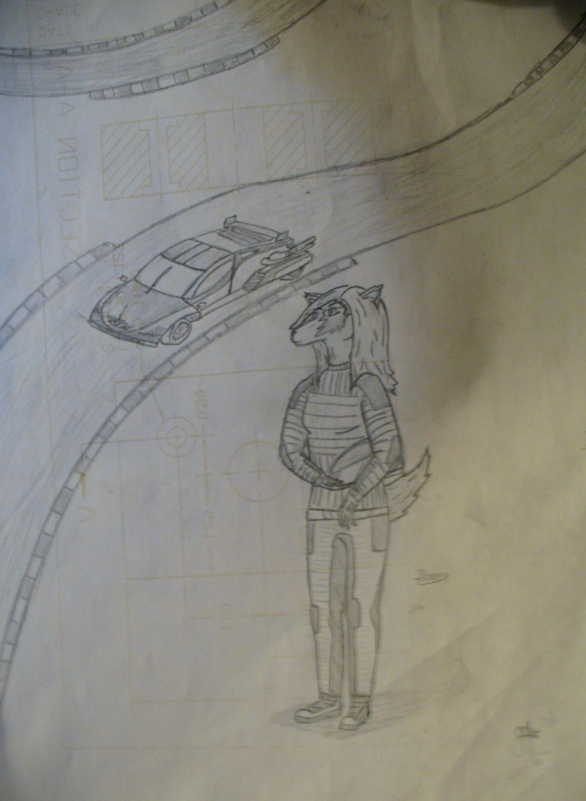 background boots canine car concept delorean face_markings fire_suit flame_retardant foreground formula_1 future hair jenny(character) one_peace oolie pads pencil photo pose schematics sketch skimpy spoiler track