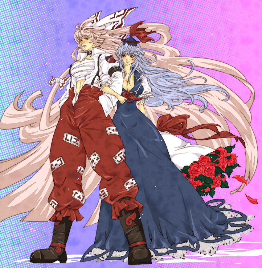 bad_id bad_pixiv_id blue_hair boots bouquet bow breasts cigarette cleavage flower fujiwara_no_mokou hair_bow hands_in_pockets hat highres kamishirasawa_keine large_breasts long_hair multiple_girls open_clothes open_shirt petals poruhi red_eyes red_flower red_rose rose rose_petals sarashi shirt silver_hair touhou very_long_hair