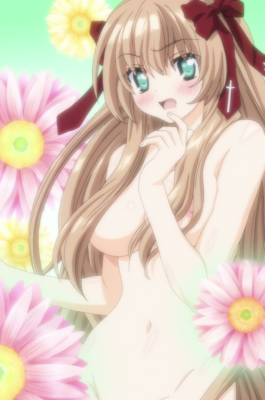 absurdres blush breasts brown_hair cap green_eyes hair_ribbon highres mayoi_neko_overrun! nipples nude ribbon screencap serizawa_fumino