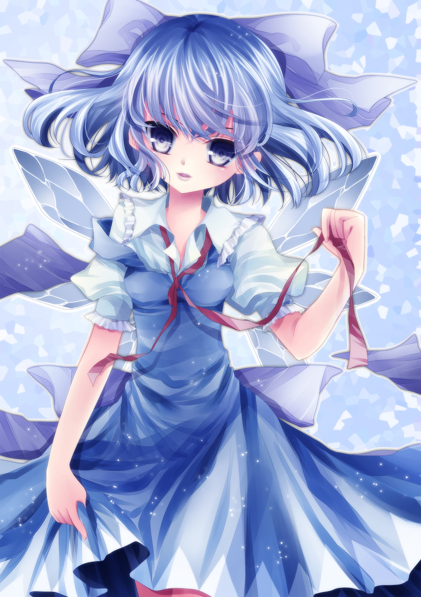 absurdres bad_id bad_pixiv_id blue_hair cirno hair_ribbon highres mikazuki_sara ribbon solo touhou wings