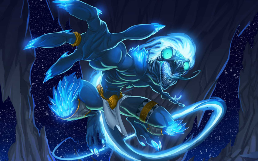 aggroar blue_eyes blue_fire chaotic fire glowing lizard male night reptile ring scalie solo stars unknown_artist wallpaper widescreen