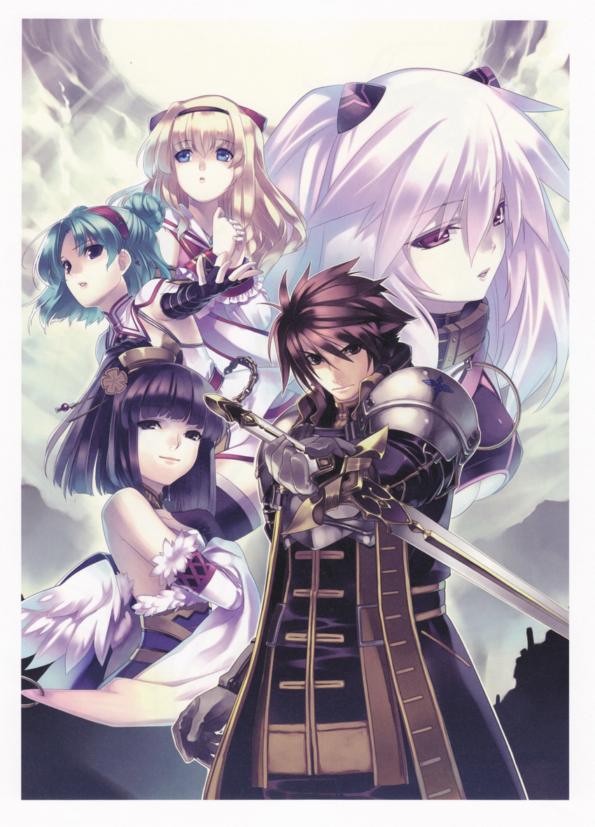 absurdres agarest_senki_(series) agarest_senki_zero aqua_hair armor bangs bare_shoulders black_hair blonde_hair blue_eyes blunt_bangs breasts bridal_gauntlets chain choker cloud double_bun elbow_gloves fantasy fingerless_gloves friedelinde_(agarest_senki_zero) frills fur_trim gloves hair_ornament hairband hands_clasped highres hirano_katsuyuki jewelry light_rays long_hair medium_breasts mimel_(agarest_senki_zero) multiple_girls necklace official_art outstretched_hand own_hands_together pendant ponytail purple_eyes routier_(agarest_senki_zero) sayane_(agarest_senki_zero) short_hair sieghart_(agarest_senki_zero) sky smile spiked_hair standing sunbeam sunlight sword thighhighs trench_coat turtleneck underboob weapon white_hair wings zettai_ryouiki