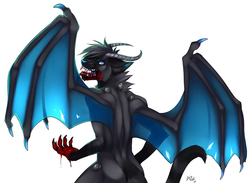 azelyn blood blue_eyes cat catdragon cyborg dragon dragoncat feline genderless hybrid kace looking_at_viewer looking_back mammal open_mouth plain_background post_vore siamese solo tail teeth vore white_background wings