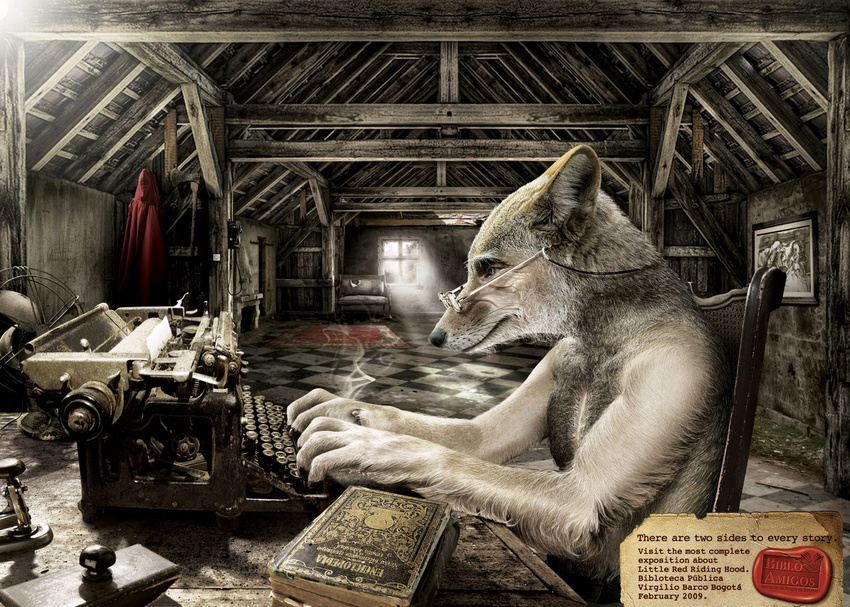 book canine glasses inside photorealism santiago_rivillas solo topless typewriter wolf
