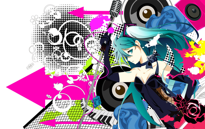 aqua_eyes aqua_hair bad_id bad_pixiv_id bare_shoulders blue_flower blue_rose choker elbow_gloves flower gloves hatsune_miku highres long_hair microphone microphone_stand piano_keys rose sakisato_kiriko solo speaker vocaloid