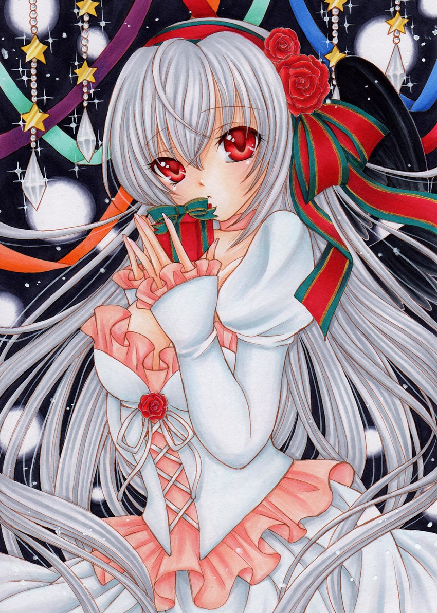 breasts christmas dress flower frills gift hairband highres large_breasts long_hair marker_(medium) mocomoco_party red_eyes red_flower red_rose ribbon rose rozen_maiden silver_hair solo suigintou traditional_media
